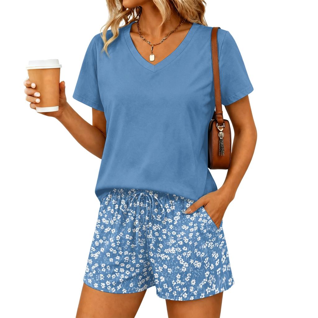 Women Two Piece Set V Neck Short Sleeve Top and Floral Print Drawstring Waist Shorts Casual Lounge Wear