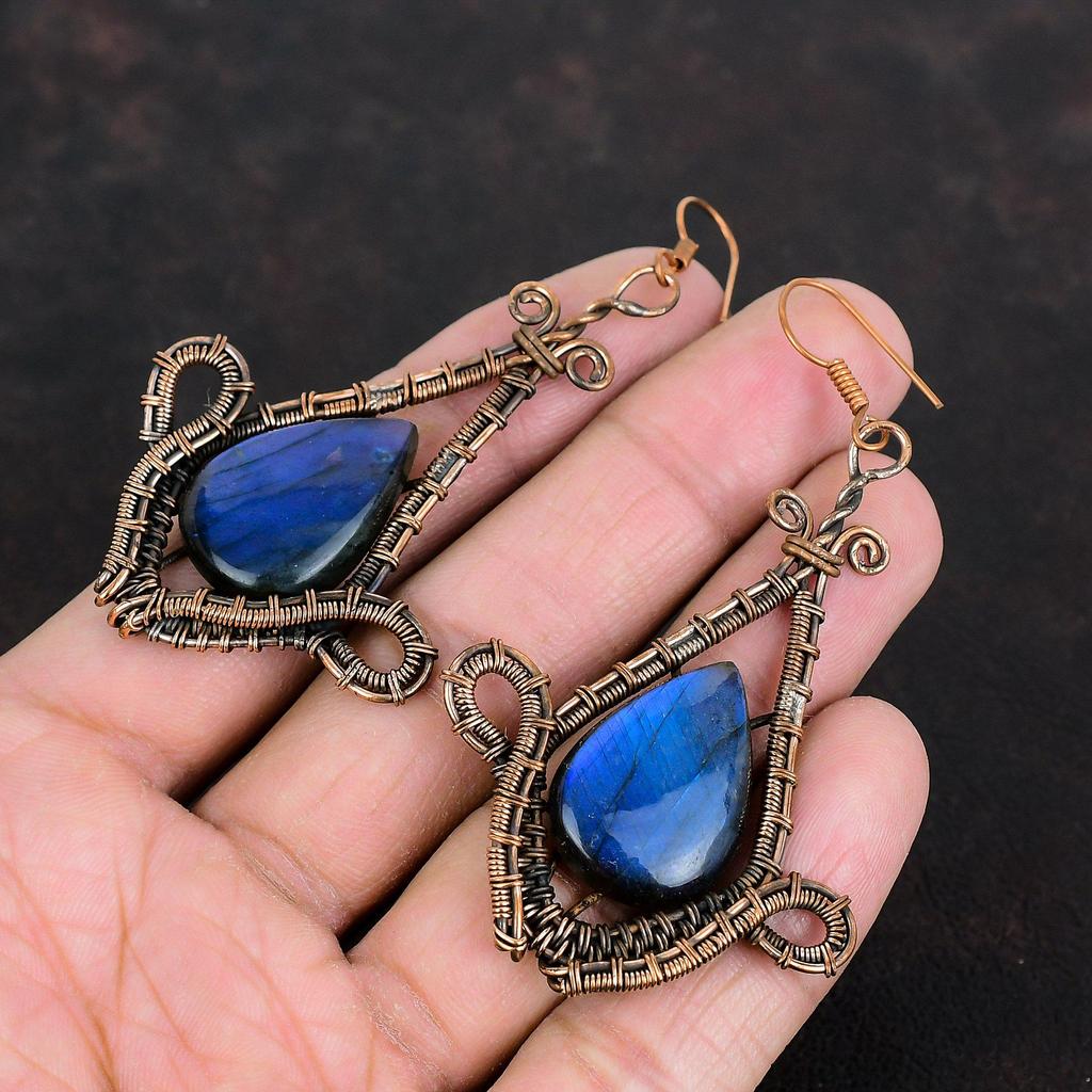 Labradorite Earring Copper Wire Wrapped Gemstone Jewelry Birthstone Earring Handmade Earring Copper Earring Gifts For Her Wire Wrap Earrings