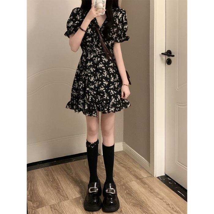 

Summer French design sense V-neck temperament tea break flower waist and thin piece retro black floral dress women XL чорний