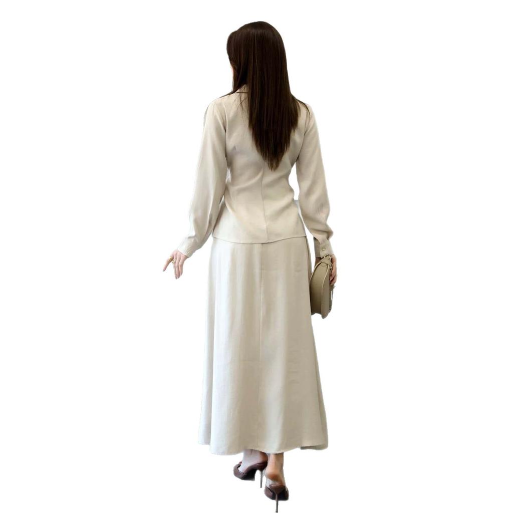 European and American Women's Clothing New V-neck Long-sleeved Side Belt Waist Top Wide Swing Split Skirt Set