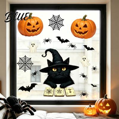 Festive Balcony Glass Art Cute Black Cat Halloween Window Clings Pumpkin Ghost Bat Spider Decorative Film Decals Non-Adhesive Stickers for