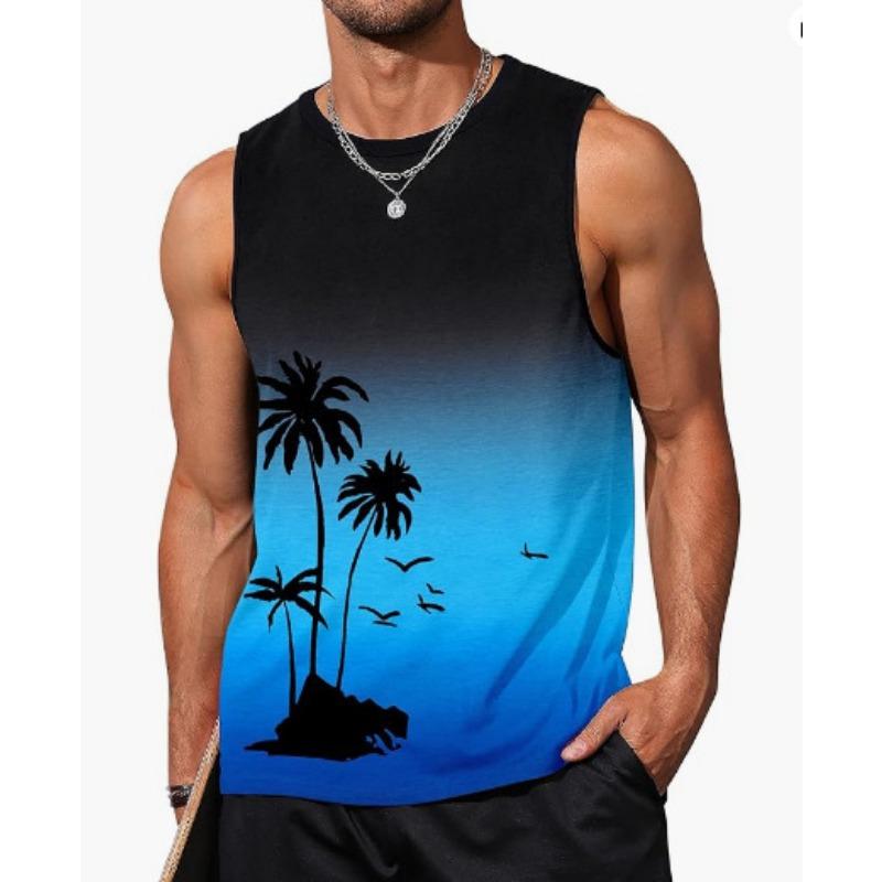 Muscle Man 3D Digital Printed Pattern Tank Top Sleeveless Beach Hawaiian Coconut Tree Tank Top Clothes