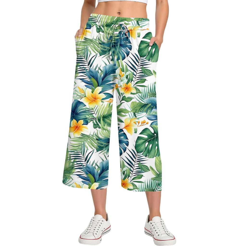 Pantalon d'été pour femme à taille haute, imprimé, décontracté, sportswear, pantalon court décontracté, pantalon ample