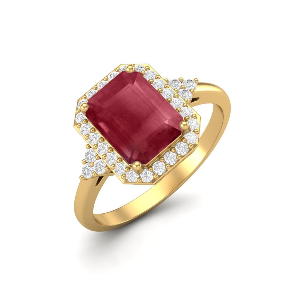 7X5MM Octagon Shape Ruby 925 Sterling Silver Gold Vermeil Solitaire Trio Accents Wedding Rings For Womens