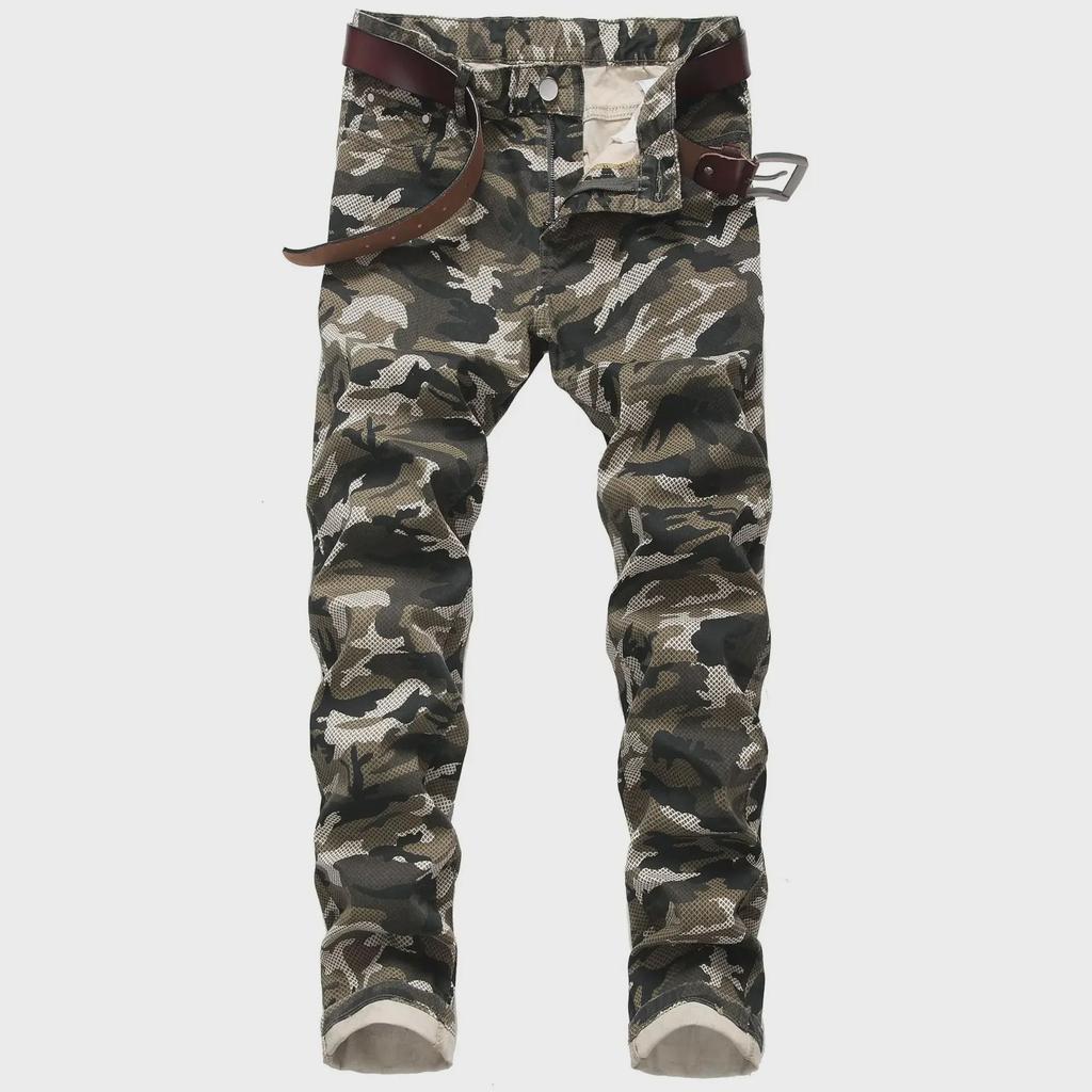 Férfi Slim Fit Kámo Mintás Sztreccs Farmer - Katonazöld Casual Nadrág