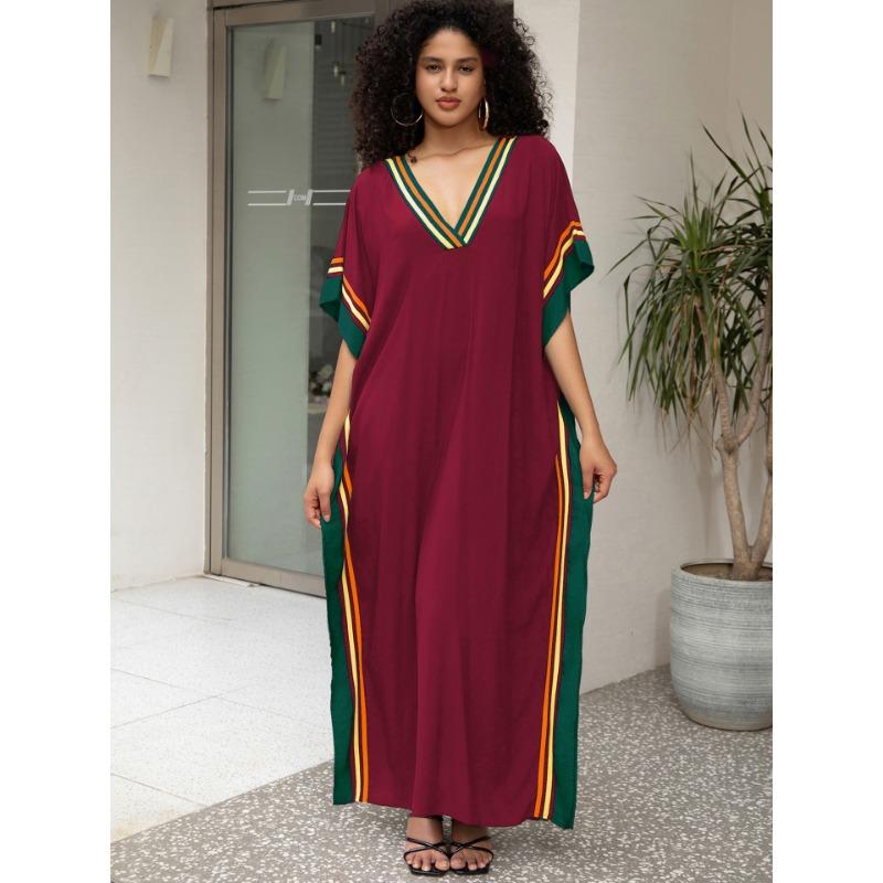 Women's Fashion Summer Spring Solid Color Print 1/2 Sleeves V-Neck Loose Waistline Casual Dresses