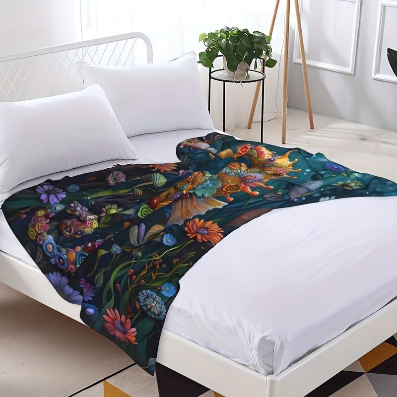Floral Seahorse Digital Print Flannel Blanket, Shawl Blanket, Soft, Warm, Lightweight,Machine Washable, All Season,Multi-purpose