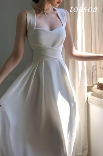 Toa Soa Women's White Knee-Length Flared Dress with Back Ribbon (L)
