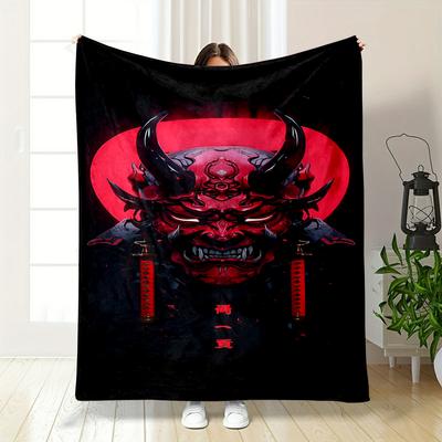 Samurai Demon Mask Design In Red & Black Flannel Blanket for Bedroom, Living Room, Sofa, and Nap Sofas