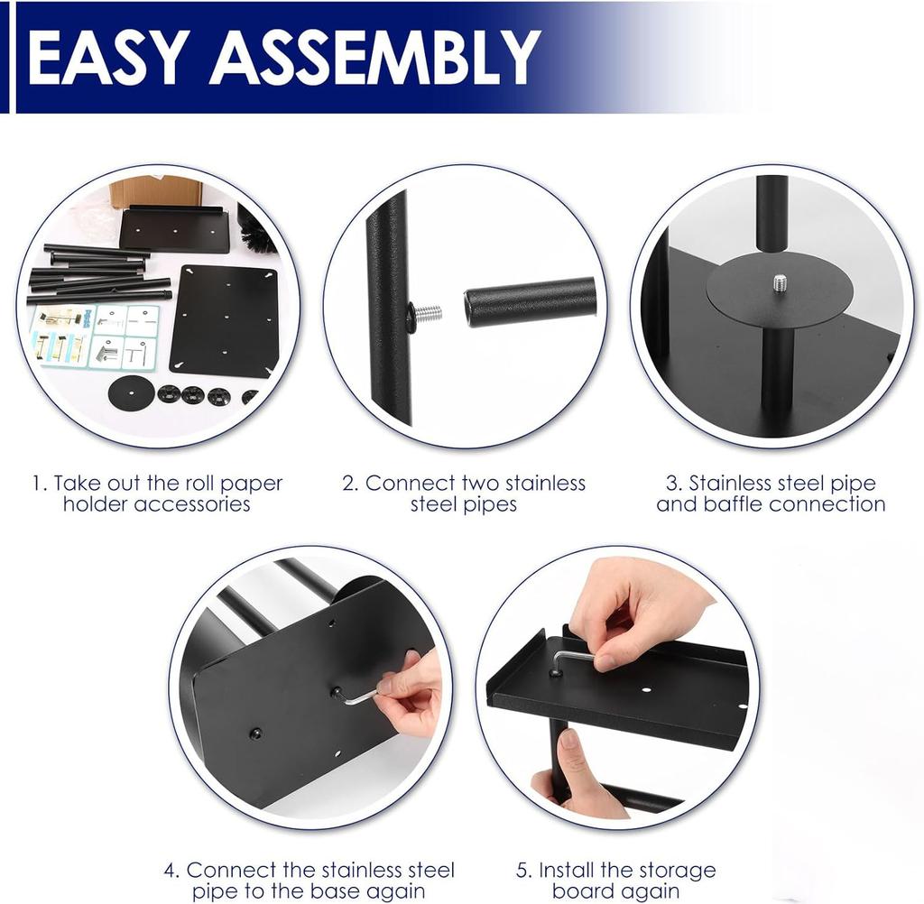 Black Stainless Steel Toilet Paper Holder with Brush and Shelf Free Standing Toilet Roll Paper Holder for Bathroom Accessories