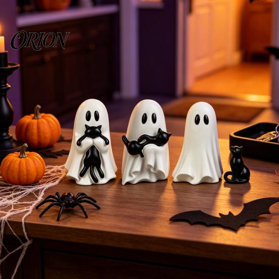 Halloween Atmosphere Decoration Ornament, Ghost Hugging A Black Cat Sculpture, Funny Gift for Friends Resin Unique Figurine, Home Bedroom Entrance