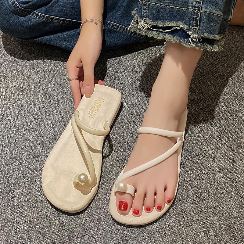 New toe slippers women wear half slippers summer pearl fairy wind vacation flat beach shoes sandals