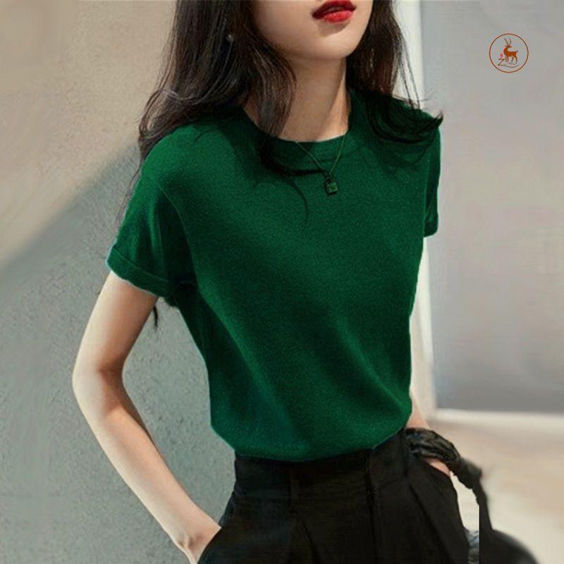 

Яркий шелковый трикотажный свитер с короткими рукавами из тонкого шелка с короткими рукавами, модный универсальный свободный топ, маленькая рубашка XL