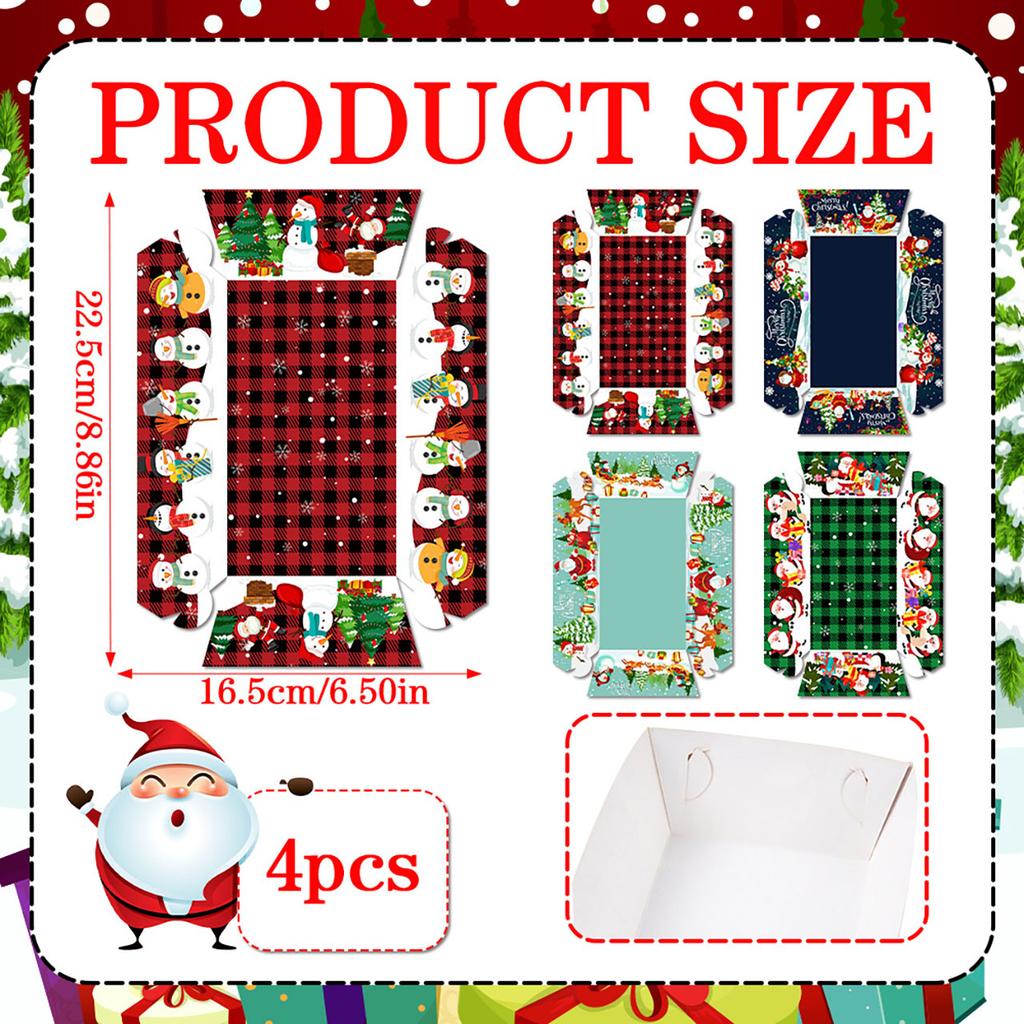 4Pcs Christmas Food Serving Paper Trays Xmas Decoration Desktop Popcorn Snacks Potato Chips Boxes Kids Birthday Party Supplies