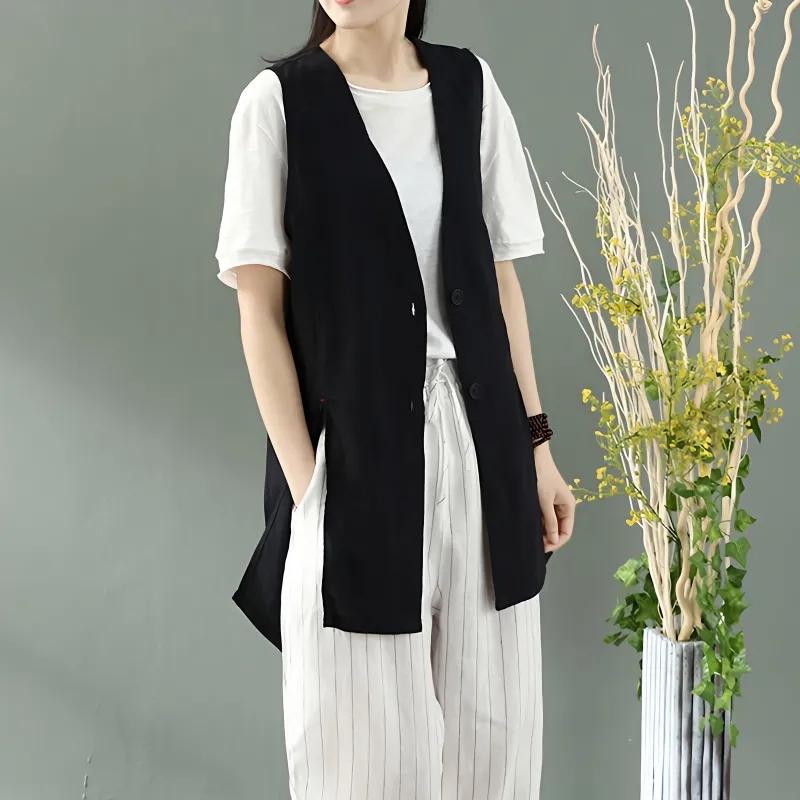 

Жилет для женщин Без рукавов Хлопково-льняной Жилет Однотонный Свободный Универсальный Повседневный Жилет-жилетка Топ XL чёрный