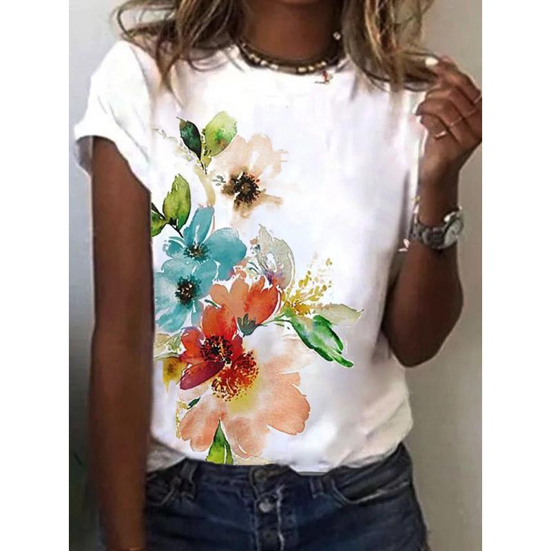 2025 Women's Street Fashion T-shirt Flower 3D Printed Short Sleeve Daily Versatile Casual Loose Round Neck Top Women's Wear