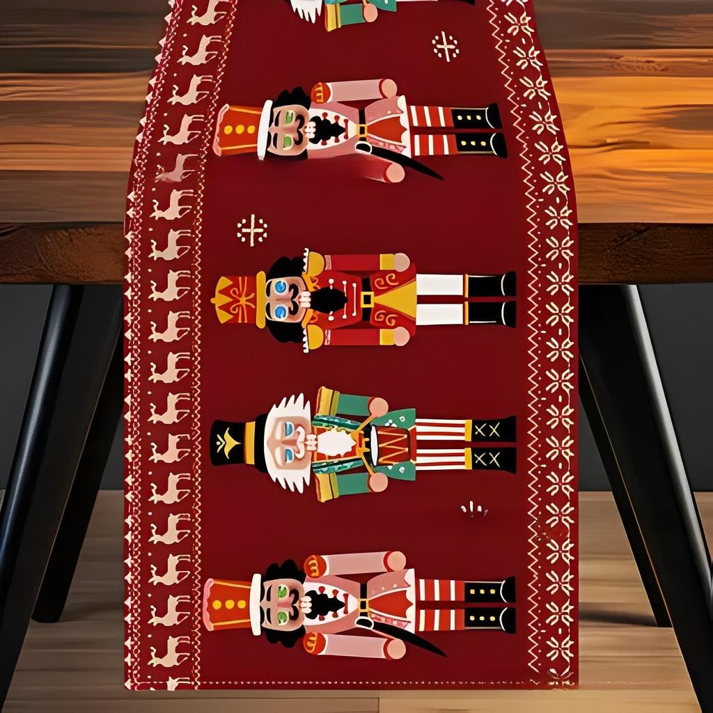 Elegantní bílý růže a borovice běhoun na stůl - 2D plochý tisk sváteční dekorace s červenou vánoční hvězdou a zeleným listovím, na Vánoce, Den díkůvzdání