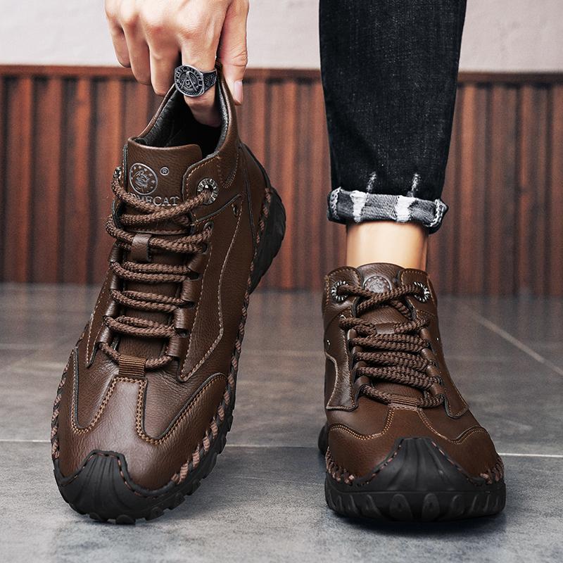 Fashion 2024 New Men's Leather High Top Shoes Classic Motorcycle Boots Leisure Walk Travel Mid-Calf Ankle Boots Warm Plush Fur Shoes