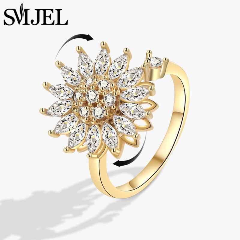 SMJEL Luxury Crystal Anxiety Relief Spinning Fidget Rings for Women Cute Sakura Daisy Rose Flower Rotating Ring Anti Stress Gift