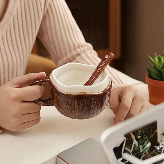 Durable Ceramic Oatmeal Bowl Vintage Coconut Shell Mug, Handmade Irregular Coffee Cup with Spoon, Heat Resistant Hot Drink Mug Rustic Texture