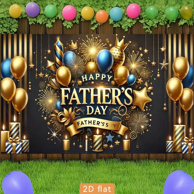 Happy Father's Day Backdrop, Black and Gold with Balloons, Candles and Fireworks for Father's Day Party