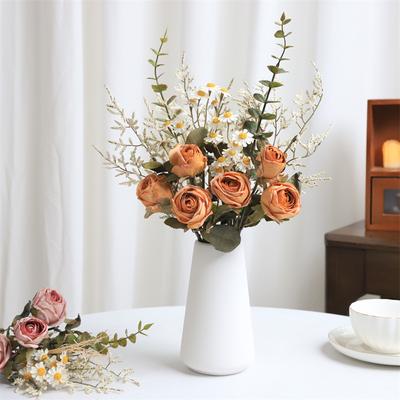 Advanced Vintage Burnt Edge Rose Daisy Eucalyptus Flower Simulation Bouquet Dried Flowers Home Party Table Decoration Ornament