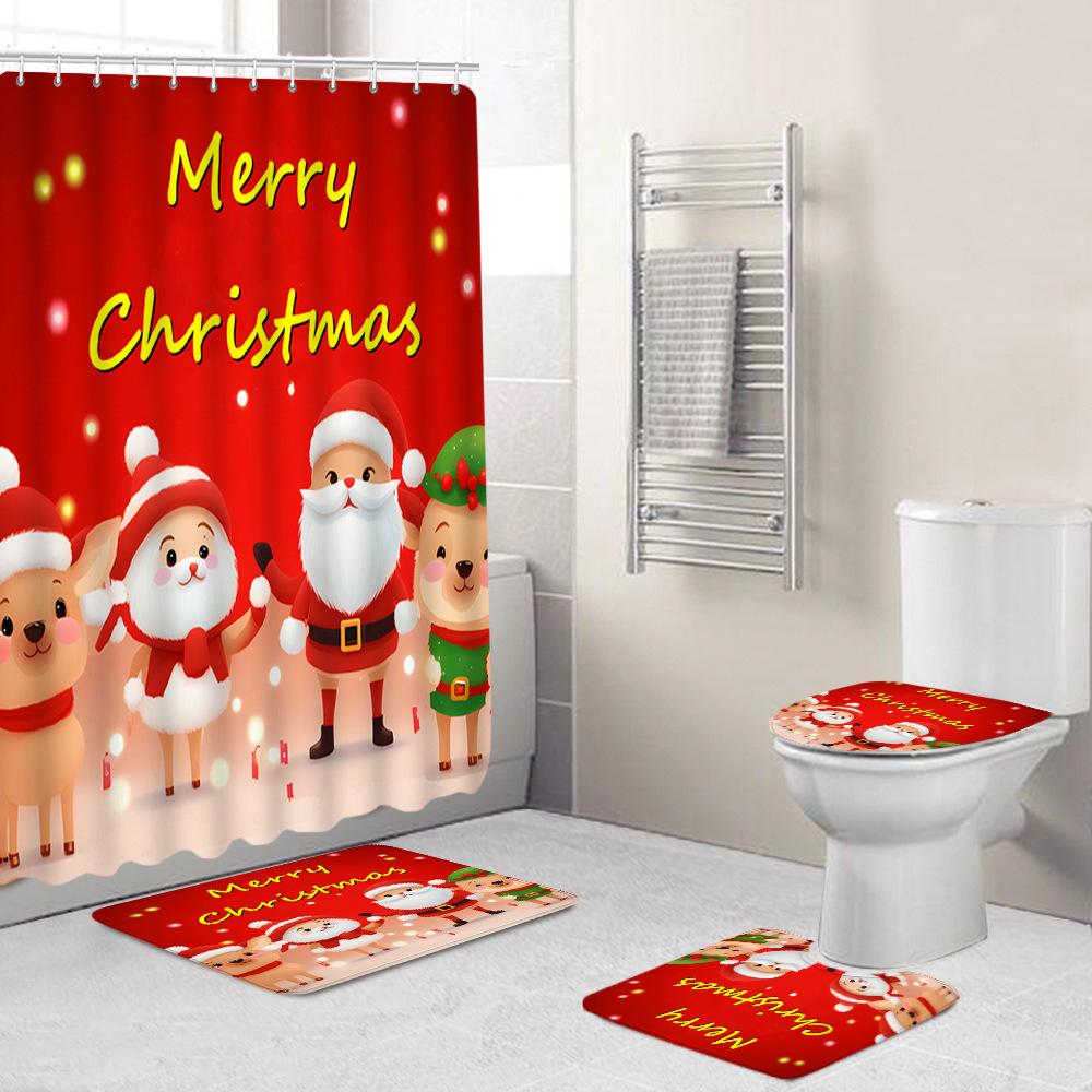 Christmas Toilet Cover Shower Curtain Floor Mat Set Santa Carpet Door Mat Foot Mat Non-Slip Mat
