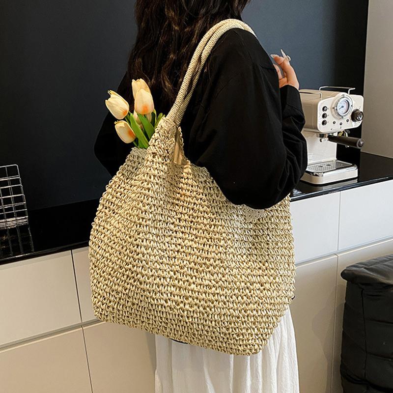 Yogodlns Woven Beach Bag Vintage Handmade Woven Shoulder Bag Raffia Rattan Bags Bohemian Ladies Summer Travel Vacation Casual Tote Bag