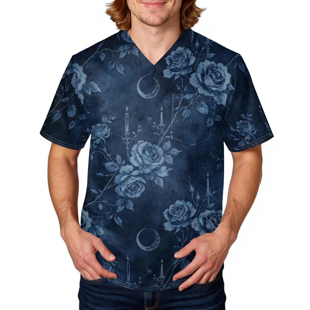 Men's Halloween Print Medical Scrub Top V Neck Tie Pocket Comfortable Fit Workwear for Healthcare Professionals Daily Use