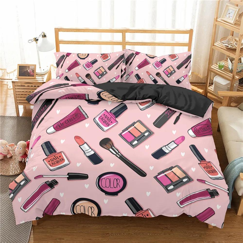 Makeup Lipstick Luxury Bedding Set Cosmetic Pink Duvet Cover Girls Women Polyester Bedding Set Home Textiles 23pcs King Queen