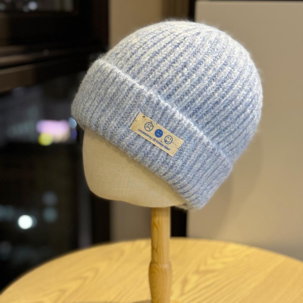 Korean Version Ins Smiling Face Wool Hat for Women Autumn and Winter New Thickened Warm Baotou Hat Showing Face Small Ear Protection Knitted Hat