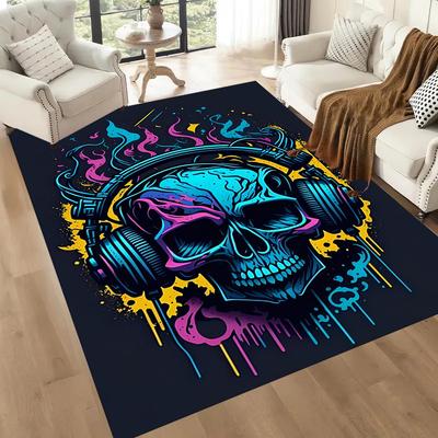 Alfombrillas de Suelo con Calavera, Auriculares y Llamas para Sala de Estar, Dormitorio y Decoración de Habitaciones Son Adecuadas para Regalos.