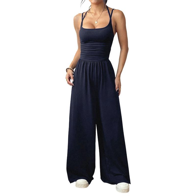 Women's Crisscross Spaghetti Strap Square Neck Ruched High Waist Wide Leg Long Jumpsuit Casual Summer Romper