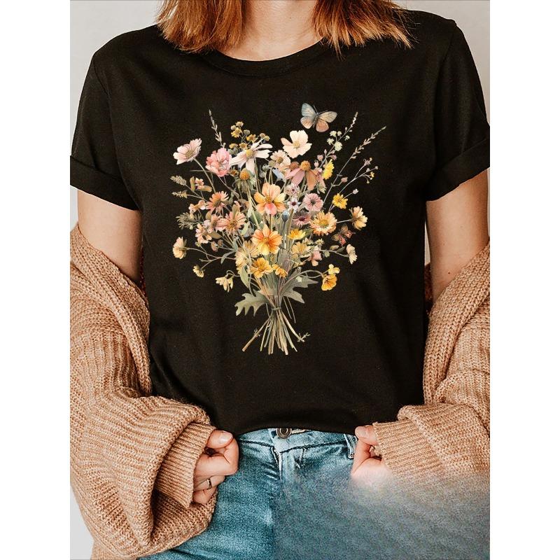 

European sizes Summer Flower Print T-shirt, Short Sleeve Crew Neck Casual Top for Summer & Spring, Women s Clothing 4XL