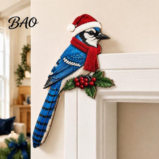 Christmas Mantel Fireplace Decor Wooden Bird Door Topper, Cute Corner Statue, Woodland Animal Frame Holiday Sign Art for Winter Home Wall Window