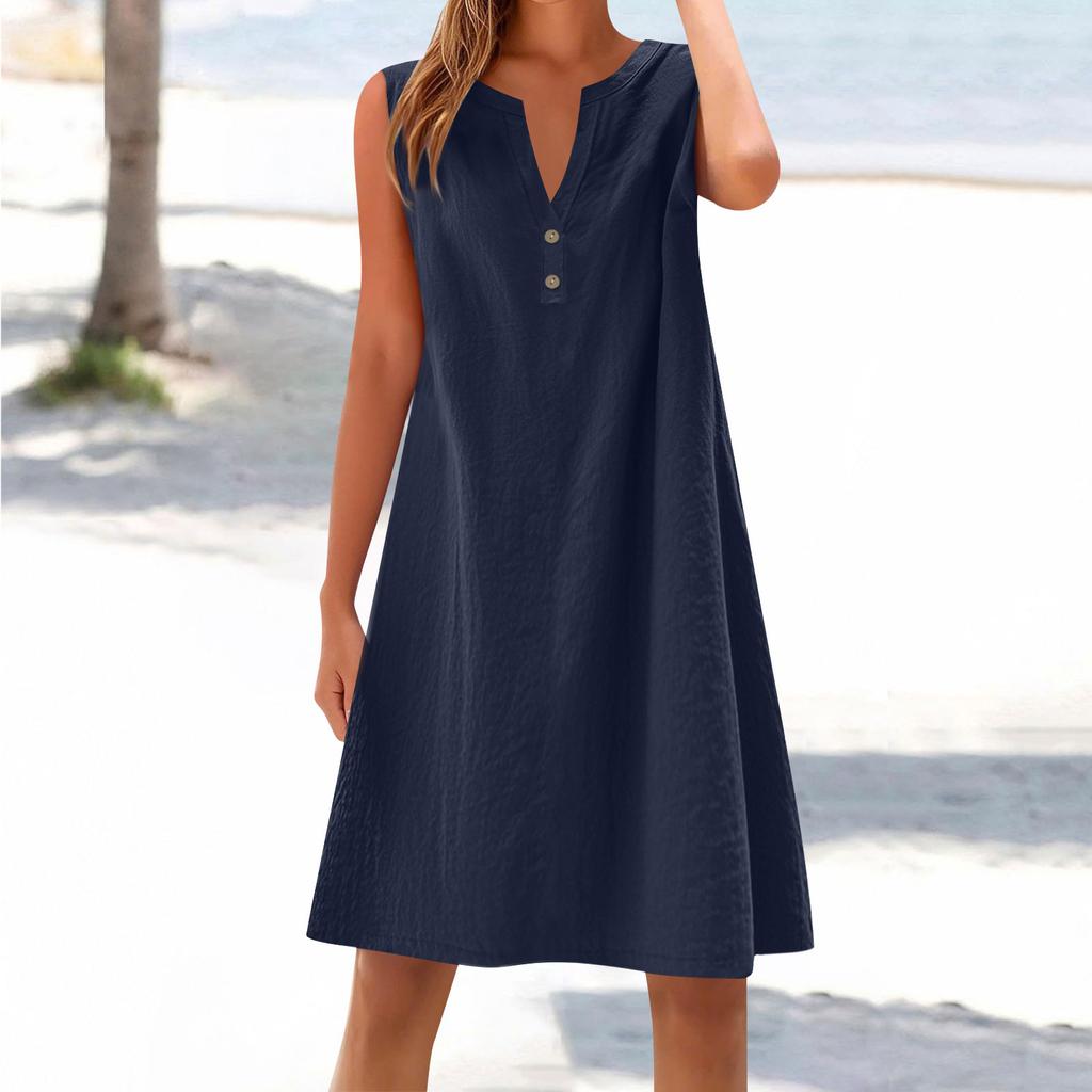 Women's cotton and linen dress summer sleeveless comfortable travel beach dress fashionable spring and summer vacation wear