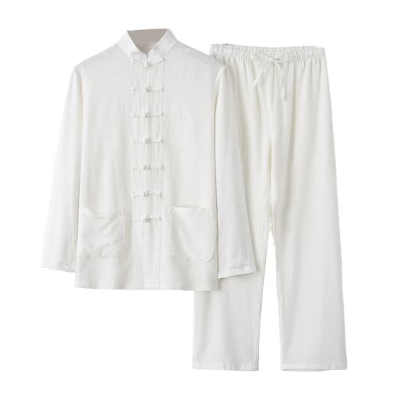 

Мужской повседневный комплект из двух предметов в китайском стиле с воротником-стойкой и длинными рукавами, пряжками-дисками и карманами M белый