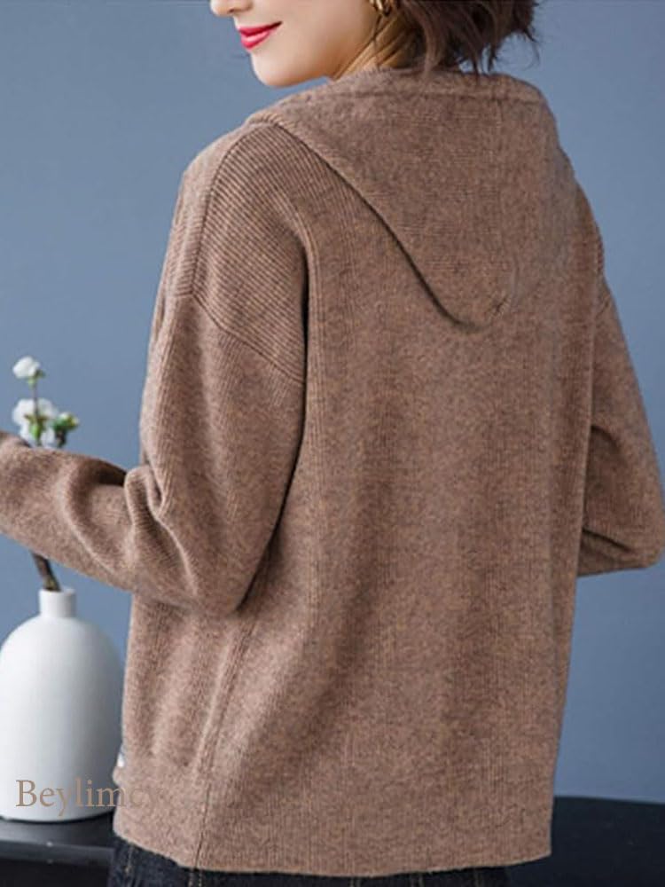 Beylimcy Hooded Long Flattering Top for and Bey72 Women's Cardigan, Sleeve, Spring, Autumn, Winter, (Coffee)