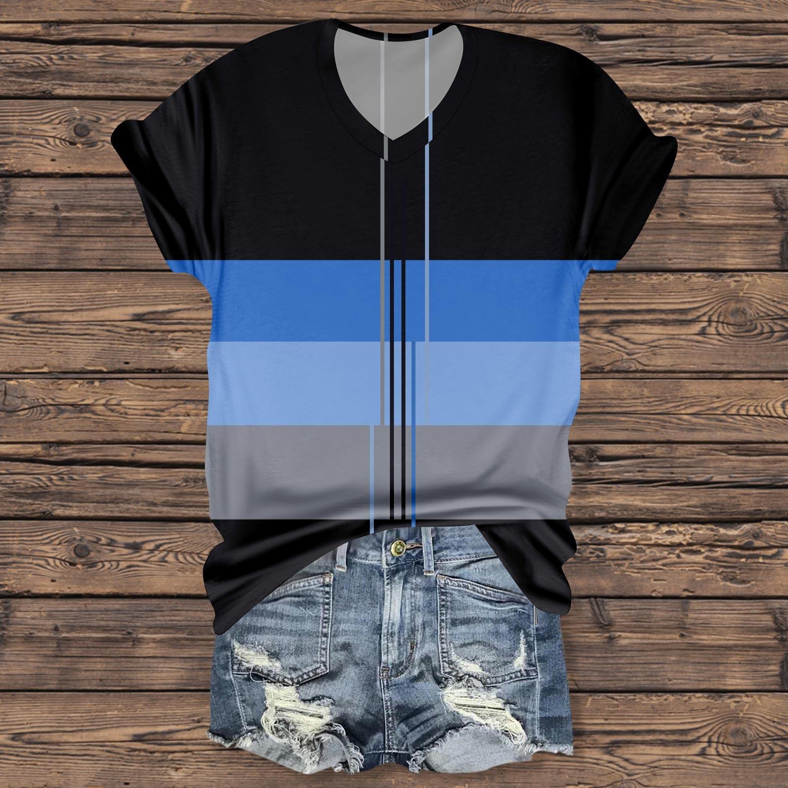 

Women s V-neck Striped Short-sleeved Printed Top XXL