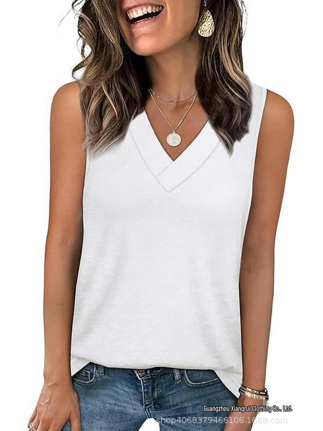 2026 Women s V-neck Casual Loose Sleeveless Summer Shirt - Solid Color, New Arrival S белый