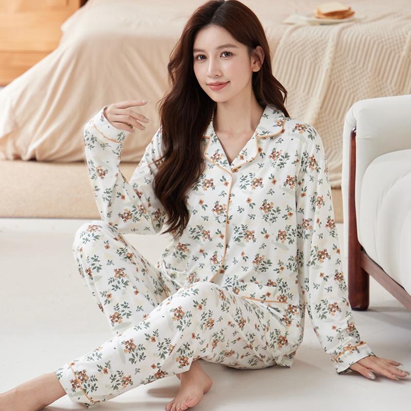Spring and autumn new pajamas women's imitation cotton long-sleeved loungewear thin high-end medium-sized elderly large-size suit