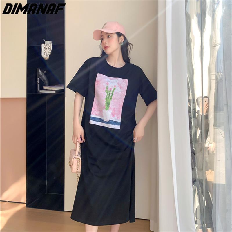 

DIMANAF 2023, летнее платье-футболка больших размеров, пляжное женское хлопковое платье с узором и принтом, свободные длинные платья 6703 XL чёрный