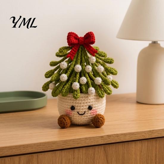 Decorative Yarn Craft for Home Simulated Crochet Christmas Potted Decor, Knitted Mini Artificial Tree Flower Durable Plants Ornament, Cute Festive