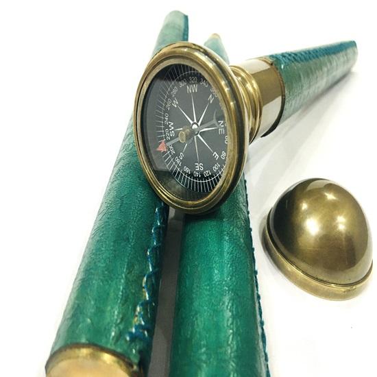 

Винтажная антикварная деревянная трость с латунной рукояткой и компасом, круглая рукоятка с обмотанной зеленой кожей деревянной тростью