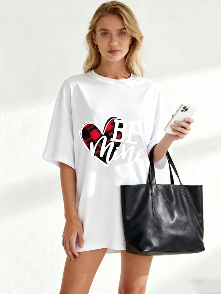 Black Oversized T Shirt Be Mine Heart Plaid Print Valentine Day Casual Wear For Women