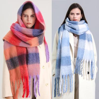 2024 Autumn And Winter European And American Fashion Women'S Scarf Imitation Cashmere Thickened Warm Shawl With Grid Splicing Tassel