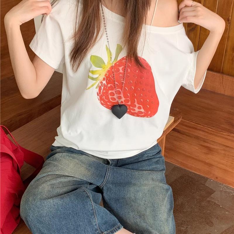 Spring 2026 One-Shoulder Off-the-Shoulder Pure Cotton Short Sleeve Women's T-shirt