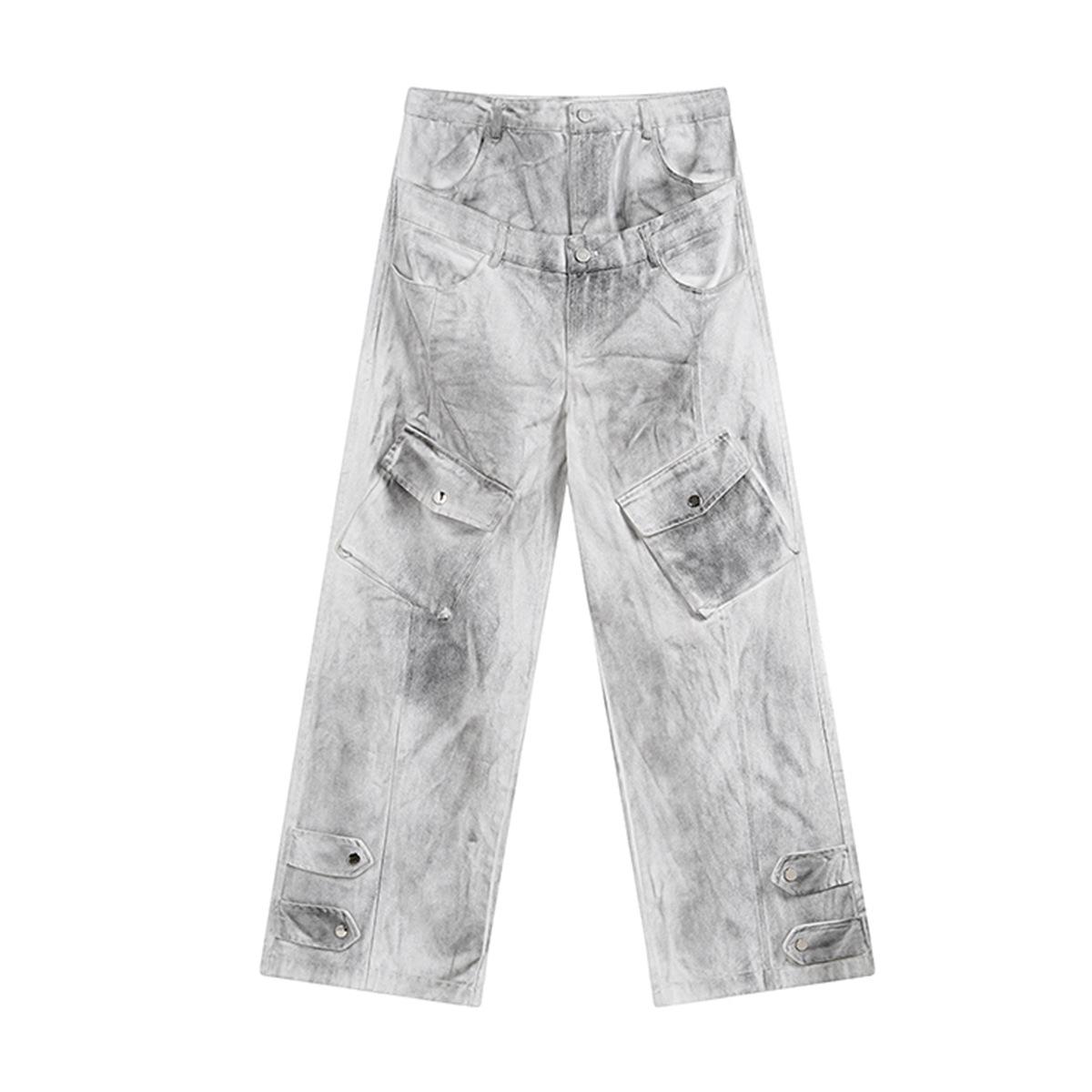 Men s Wasteland Style American Double Waist Design Niche Dirty Dyed Washed Jeans S