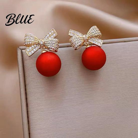 Women Ear Studs 1 Pair Earrings Rhinestone Bow Red Faux