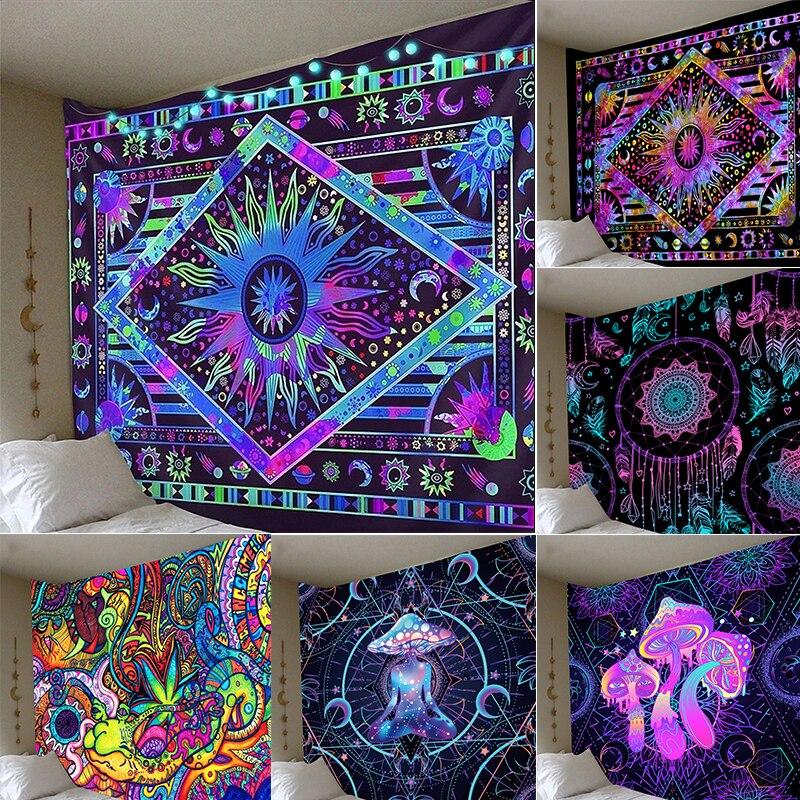 Textilien Unisex Psychedelic Dreamcatcher Moon Feather Tapestry Hippie Large Bohemian Mandala Tapestries Wall Cloth Carpet Ceiling Room Decor